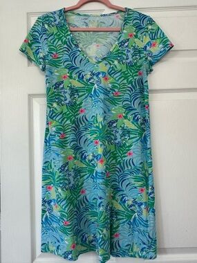 Lilly Pulitzer Blue Green Tropical V‑Neck Dress with Pink Accents